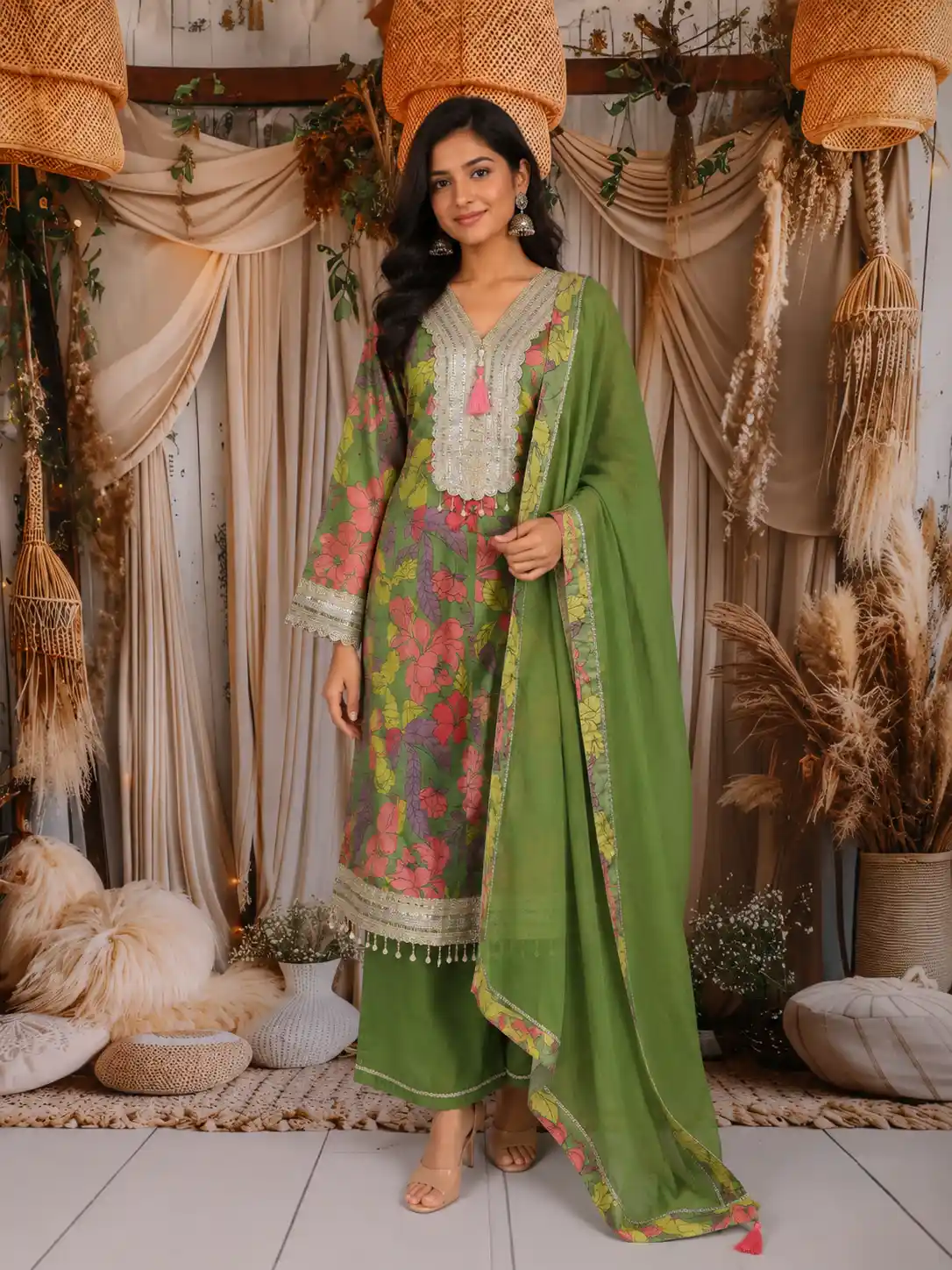 Olive Green Floral Printed Design Tissue Silk Anarkali Salwar Suit
